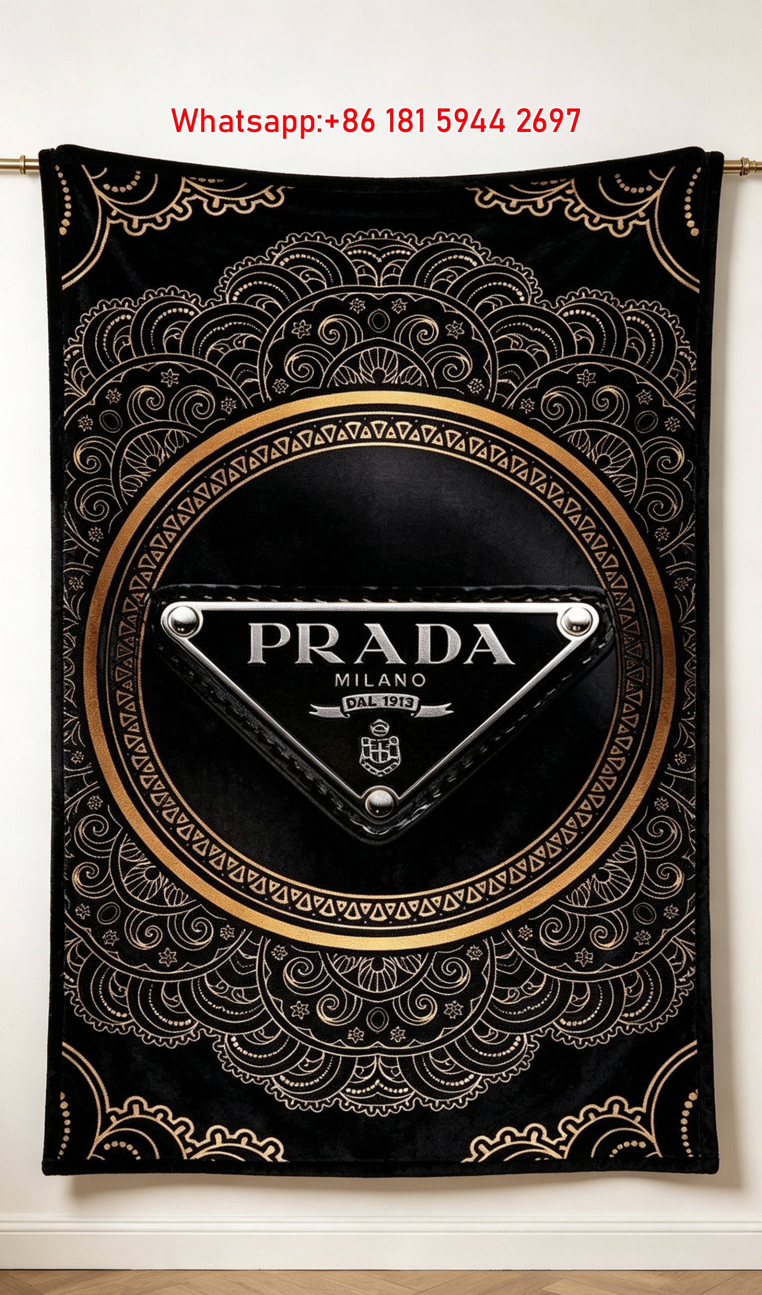 Prada Black and Gold Ornate Pattern Flannel Throw Blanket IMG_2777